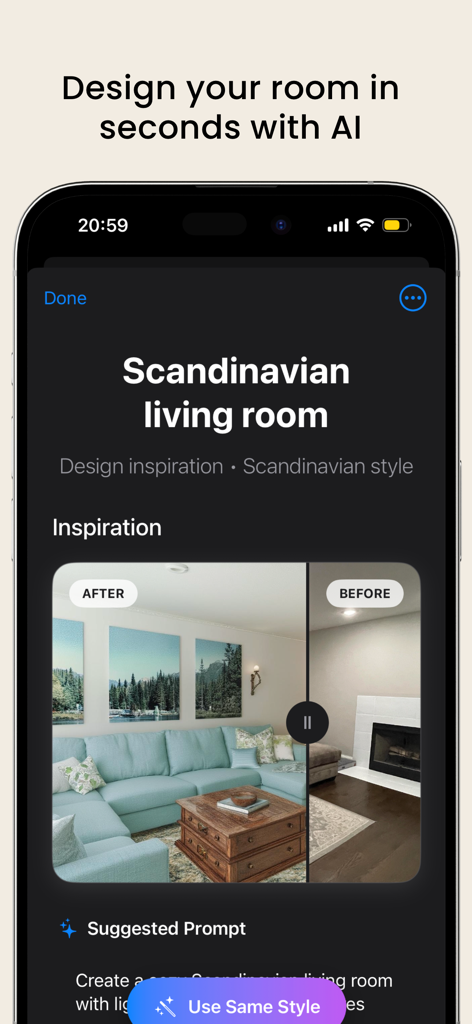 Room Planner - AI Home Design - Reforma de sala de estar escandinava gerada por IA mostrando uma comparação de antes e depois.