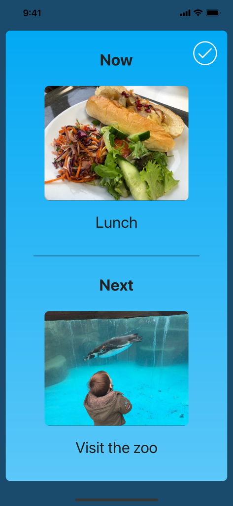 Un horario visual que muestra el almuerzo como la actividad actual y una visita al zoológico como la siguiente actividad.