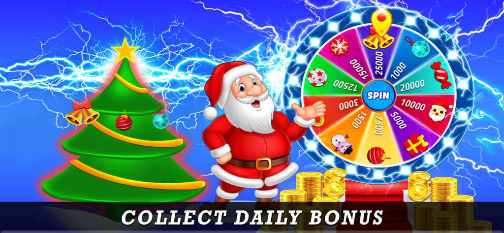 777 Slot Machine Casino Games - 산타클로스가 홀리데이 테마 상품 휠과 크리스마스 트리를 옆에 서서 일일 보너스를 받고 있습니다.