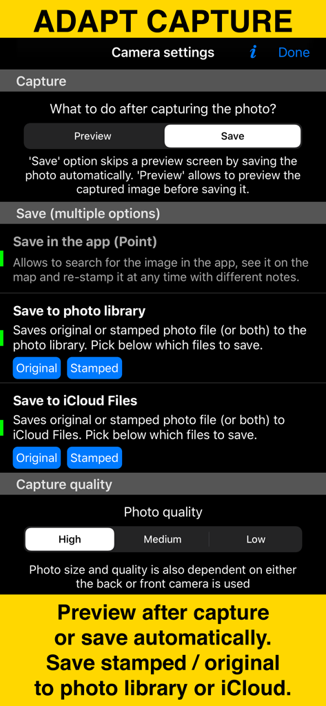GPS Camera 55. Field Survey - Camera settings screen of the GPS Camera 55 app showing photo capture and storage options.