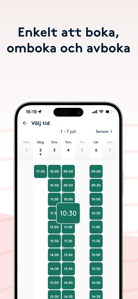 Bokadirekt mobile app screen showing available time slots for appointment scheduling