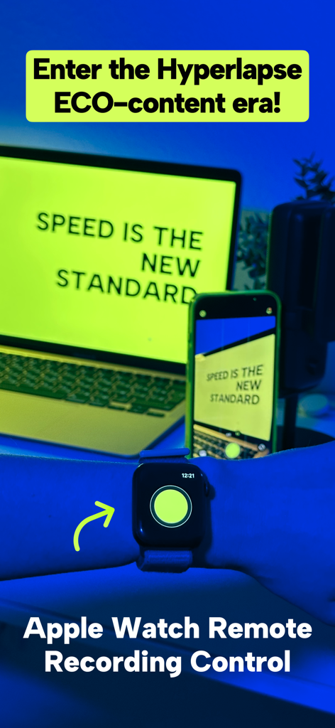 Hyperlapse Timelapse Video Cam - Une personne utilise une Apple Watch pour contrôler à distance l'enregistrement vidéo sur un smartphone pour l'application Hyperlapse.