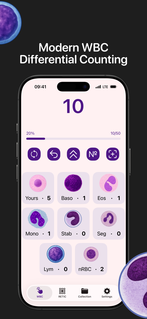 CliniCheck: WBC & Cell Counter - Interfaz de la aplicación CliniCheck que muestra el conteo diferencial moderno de glóbulos blancos con varios iconos y contadores de células