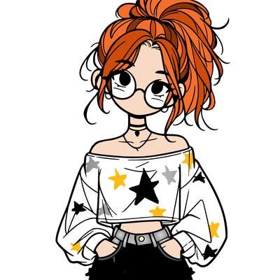 girl with a messy ponytail glasses a baggy crop top and jean shorts