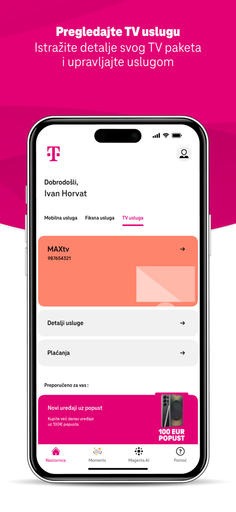Telekom ME - Telekom ME mobile app screen showing TV service management, billing, and promotional offers for users in Montenegro.