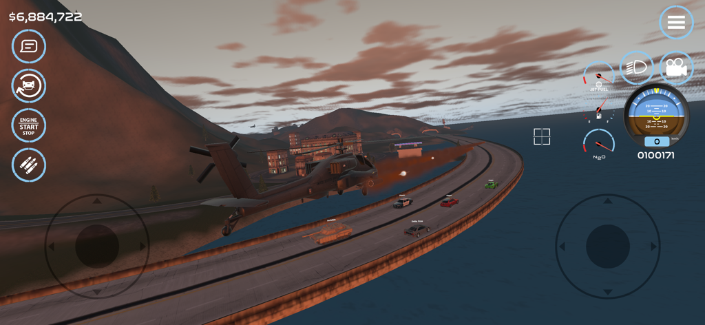 Un hélicoptère militaire survolant une autoroute avec du trafic dans un environnement en monde ouvert.