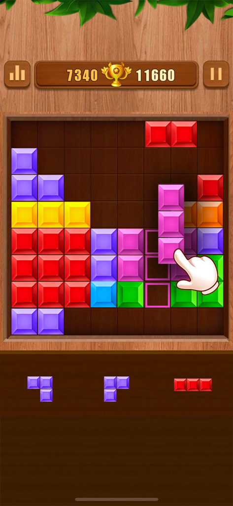 Block Puzzle : Block Blast - Jeu de Block Puzzle Block Blast montrant des blocs en gemmes sur un plateau en bois