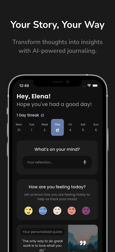 기분 추적 및 일일 연속 기능인 Verbo 비디오 일기 앱 대시보드