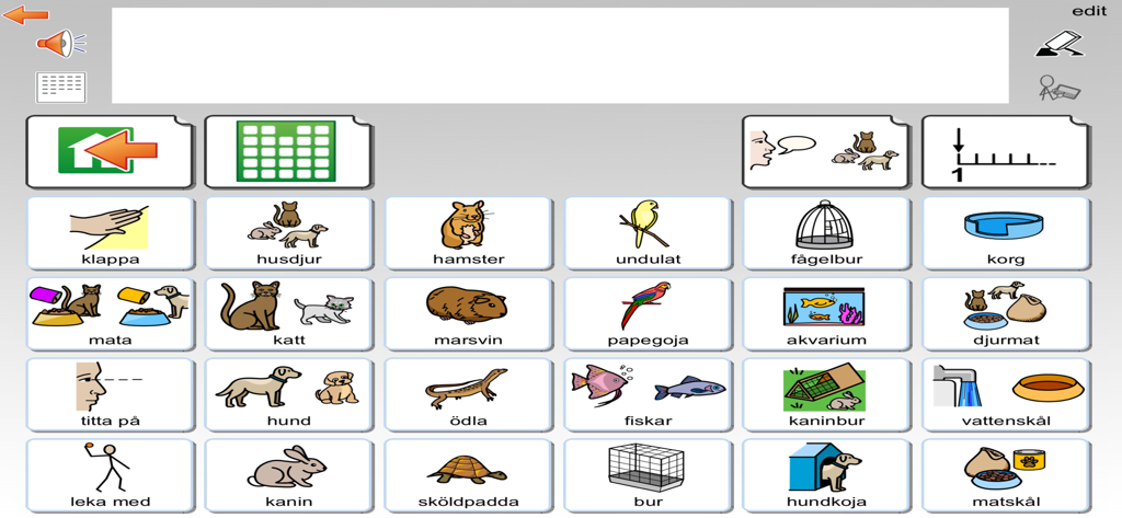 Widgit Go SE AAC communication board featuring a grid of symbols for pets and animal care