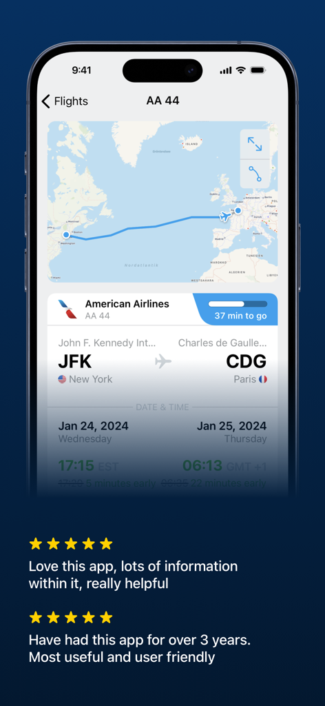 Track Live Flights - Mileways - Mileways app interface showing a live flight map from New York to Paris with five star user reviews.