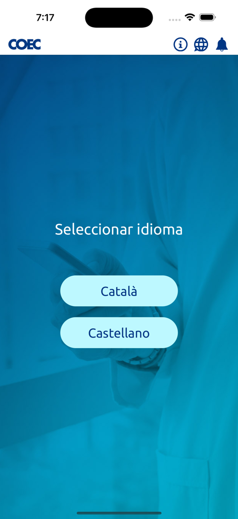 COEC APP - Sprachauswahlbildschirm der COEC-App mit den Optionen Katalanisch und Spanisch.