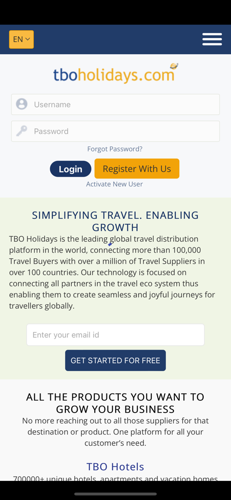 TBO Holidays - TBO Holidays mobile login page for B2B travel advisors showing username and password fields
