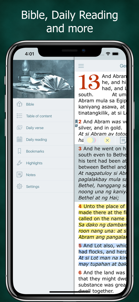 Interface of the Tagalog English Bible app showing bilingual scriptures and study features