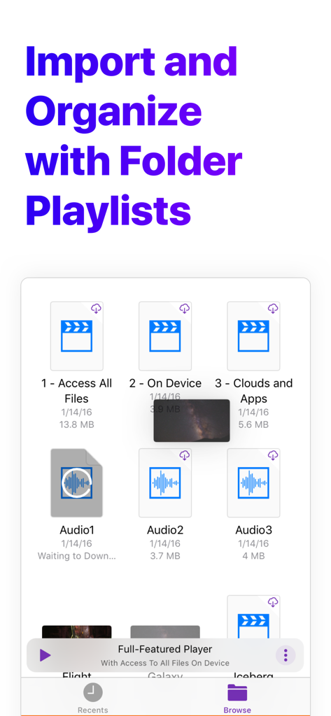 Nota app interface showing file organization and folder-based playlists for audio management