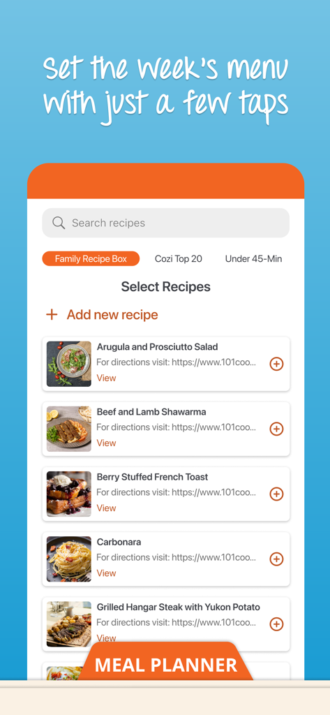 Cozi Family Organizer app showing a list of recipes in the meal planner feature