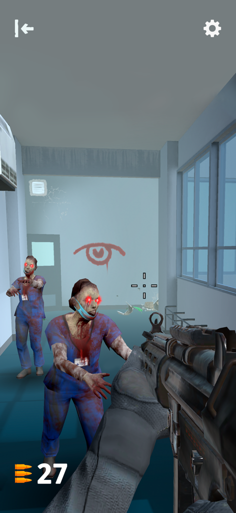 Dead Raid: Zombie Shooter 3D - Vista en primera persona apuntando con un rifle de asalto a zombies con temática médica en un pasillo de hospital en Dead Raid Zombie Shooter 3D