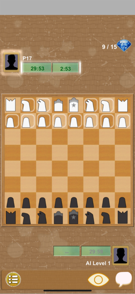 Shatranj - Ancient Chess - Interfaz del antiguo juego de mesa Shatranj con piezas abstractas y temporizadores de partida