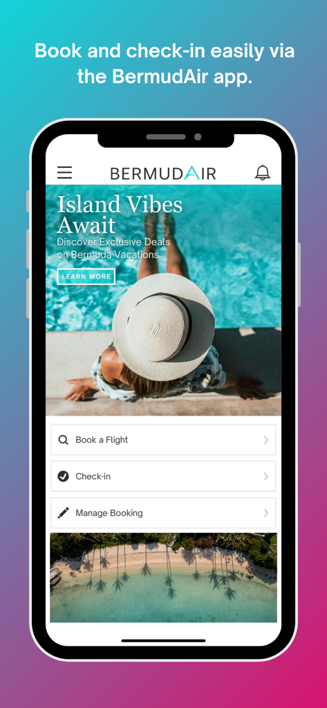 BermudAir - Home screen of the BermudAir mobile app featuring flight booking and check-in options