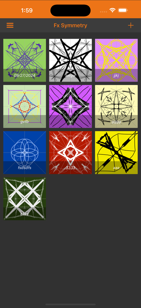 A gallery of colorful user created symmetrical designs and mandala patterns in the Fx Symmetry app