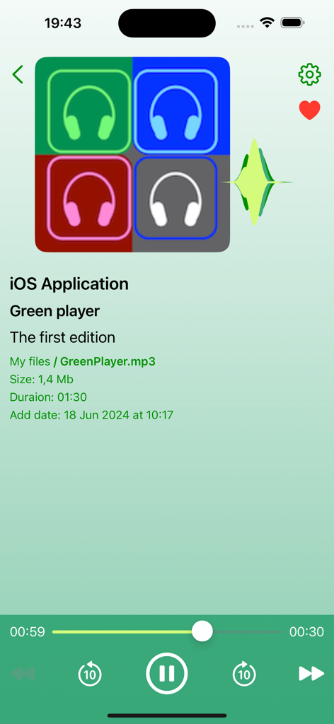 Green Player - Green Player music app interface showing audio file playback with minimalist controls