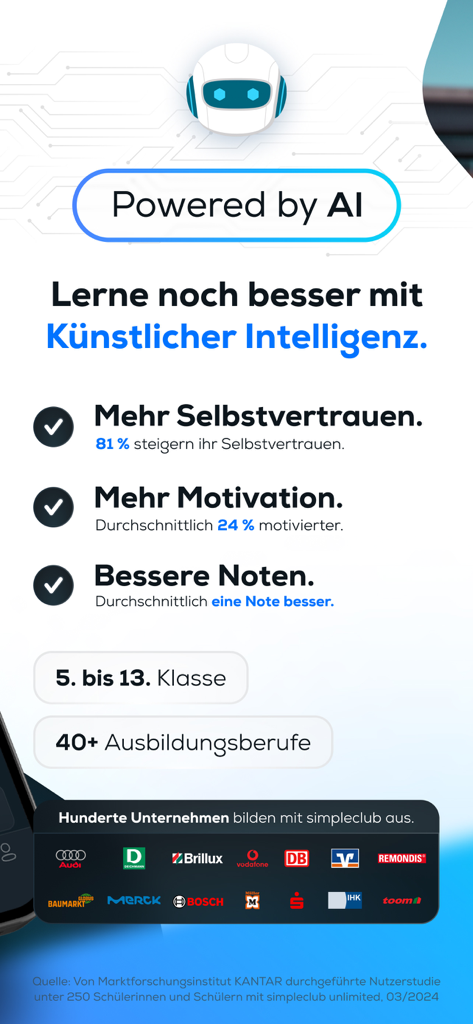 Infografik über die Vorteile der simpleclub KI für Noten und Motivation mit Logos von Unternehmenspartnern