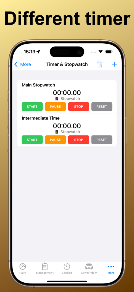 Tela de smartphone mostrando os cronômetros principal e intermediário do OldTimer Rally Timer com controles de iniciar e parar