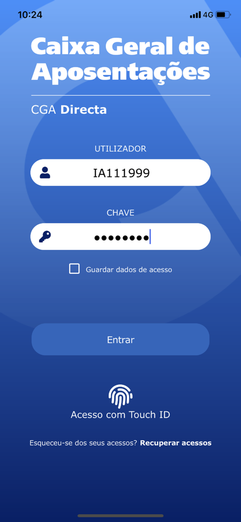 CGA Directa - Interface de login do aplicativo CGA Directa com campos de nome de usuário e senha para acesso à pensão