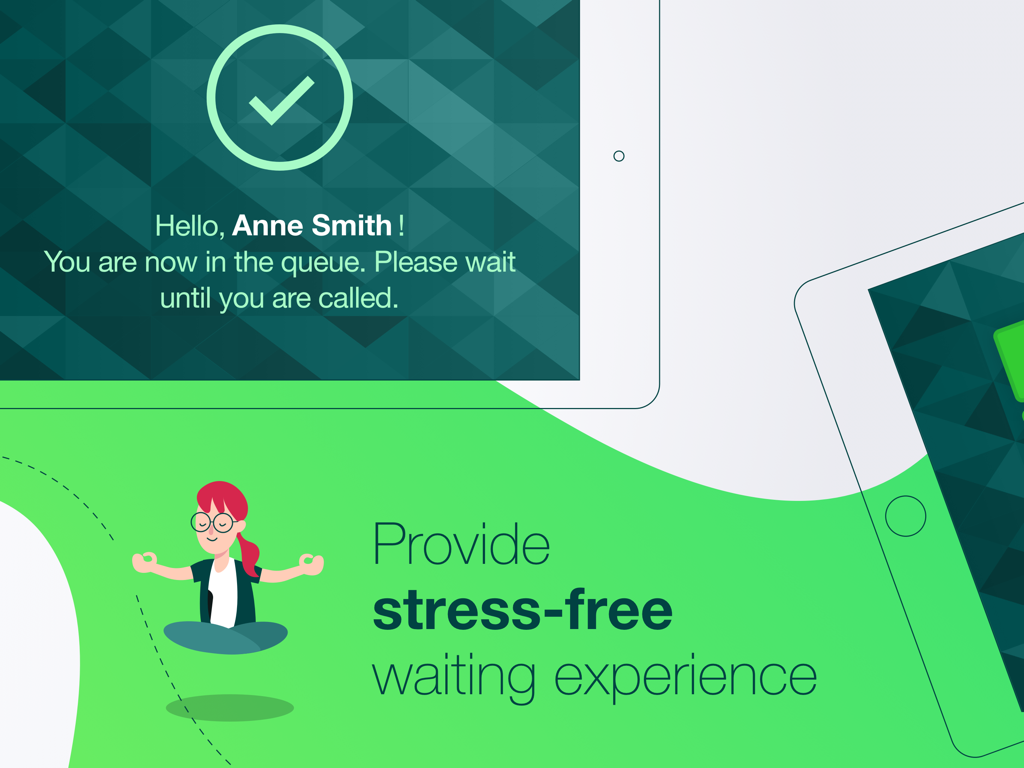 Qminder Queue Management - An iPad screen showing a customer successfully added to a stress-free queue with a meditative character illustration.