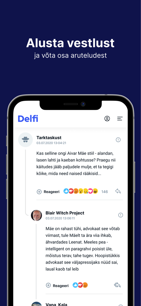 Delfi EE - Smartphone screen displaying the Delfi EE app comments section with user discussions and reaction emojis.
