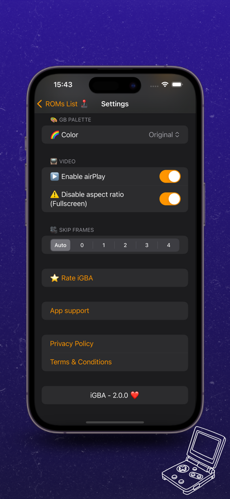 A tela de configurações do emulador iGBA no iPhone mostrando opções de vídeo e controles de pular quadros.
