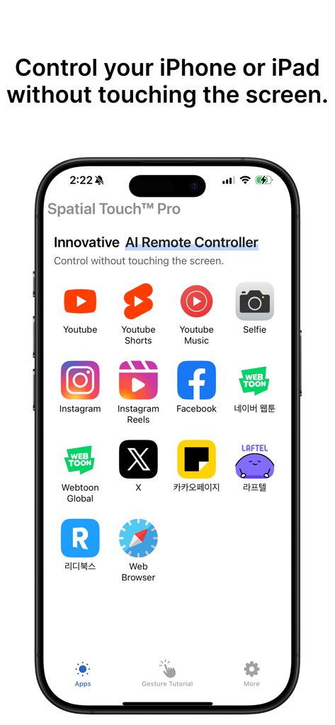 Spatial Touch™ - Interfaz de la aplicación Spatial Touch en un iPhone que muestra una lista de aplicaciones compatibles para el control de gestos aéreos manos libres
