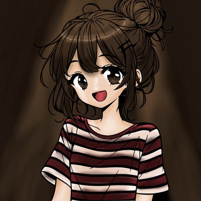 anime girl teenager striped shirt and smile and messy bun