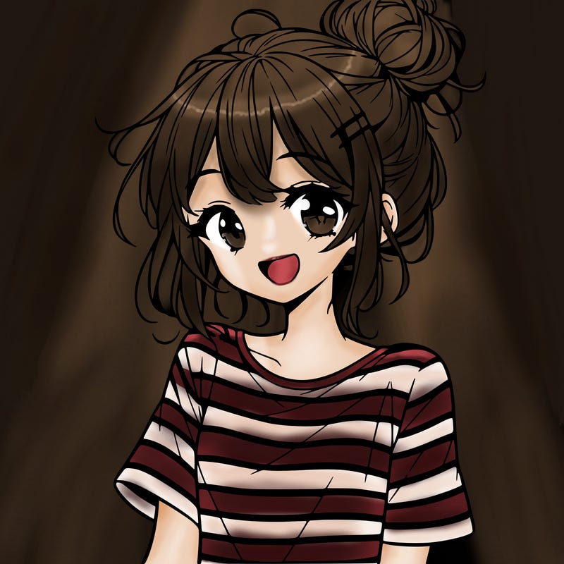 anime girl teenager striped shirt and smile and messy bun