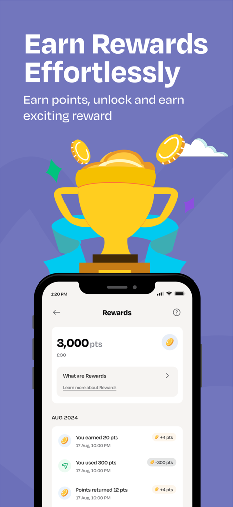 LemFi app rewards interface displaying earned points balance and transaction history