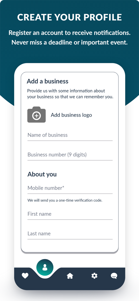 Tela de criação de perfil do aplicativo Canada Business para registro de empresas e notificações