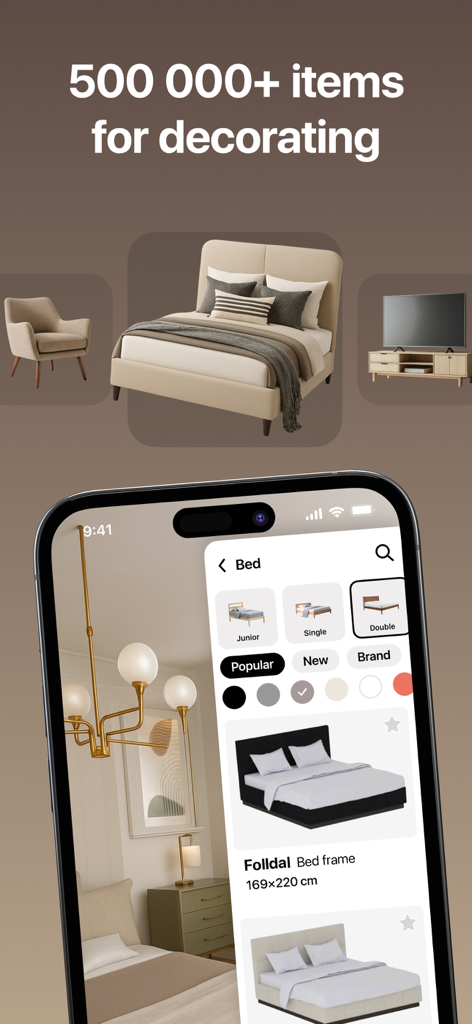 A mobile screen showing a large catalog of furniture and decor items for home design including beds and armchairs.