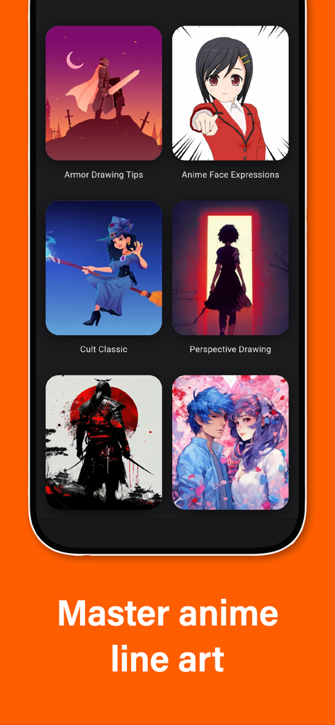 Draw Anime- Learn step by step - Screenshot showing anime drawing lessons for face expressions armor and perspective