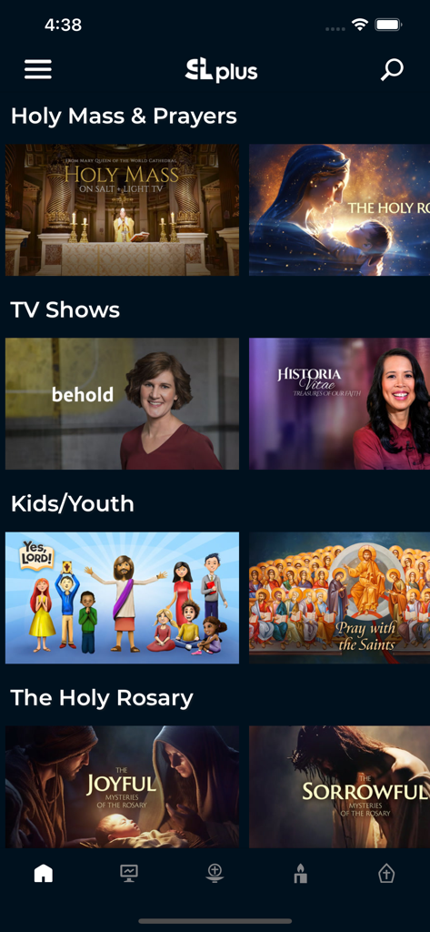 Salt + Light Plus - Salt + Light Plus mobile app home screen showing sections for Holy Mass, Prayers, TV Shows, Kids, and The Holy Rosary.