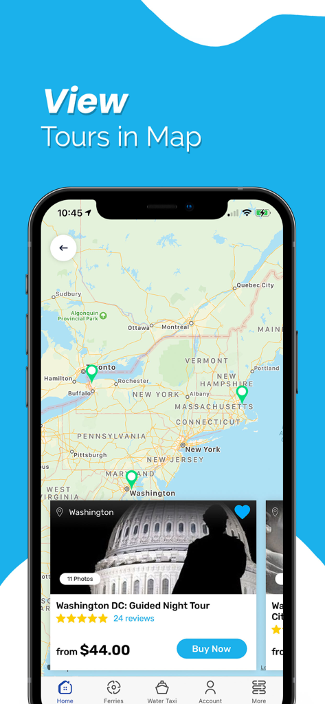 City Experiences - Map interface of the City Experiences app showing tour locations across the Northeast US with a featured night tour in Washington DC.