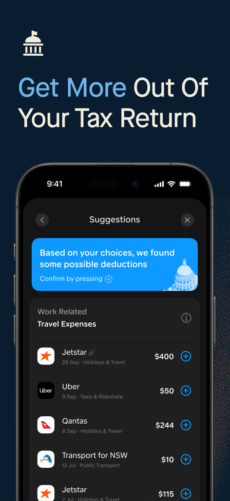 Gather - Interface do aplicativo Gather mostrando sugestões de dedução fiscal para despesas de viagem relacionadas ao trabalho