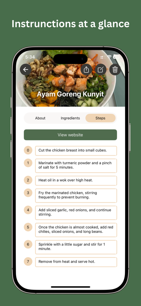 Kerisik: Recipe Manager - Step by step cooking instructions screen in the Kerisik recipe manager app
