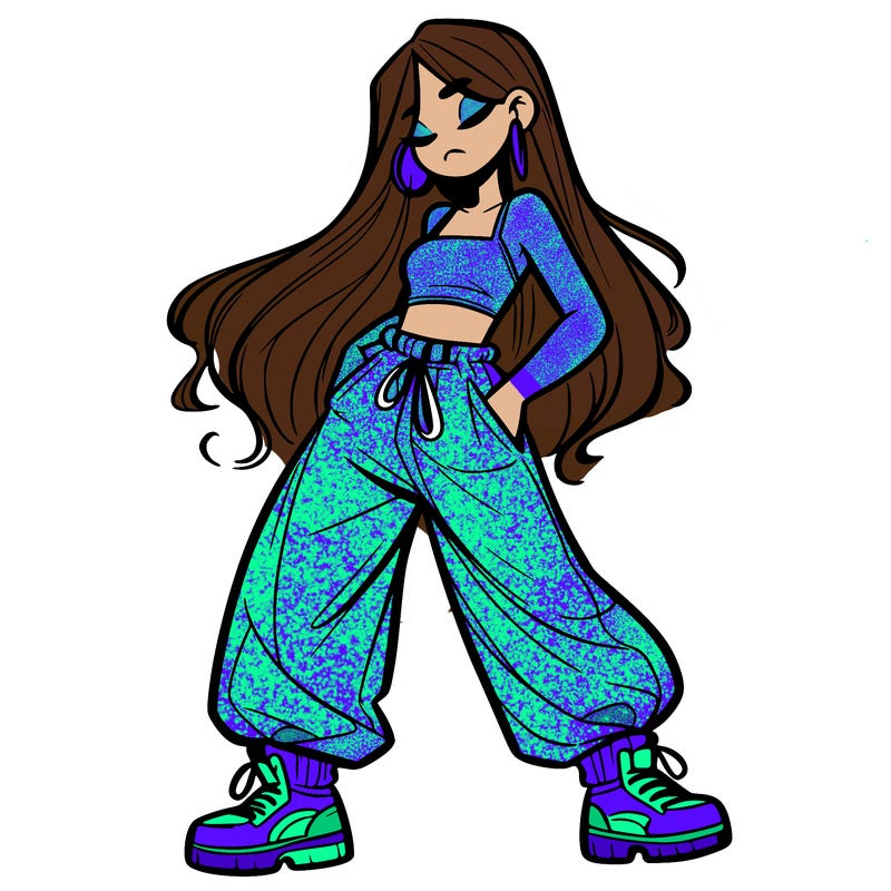 girl in baggy pants crop top and long hair
