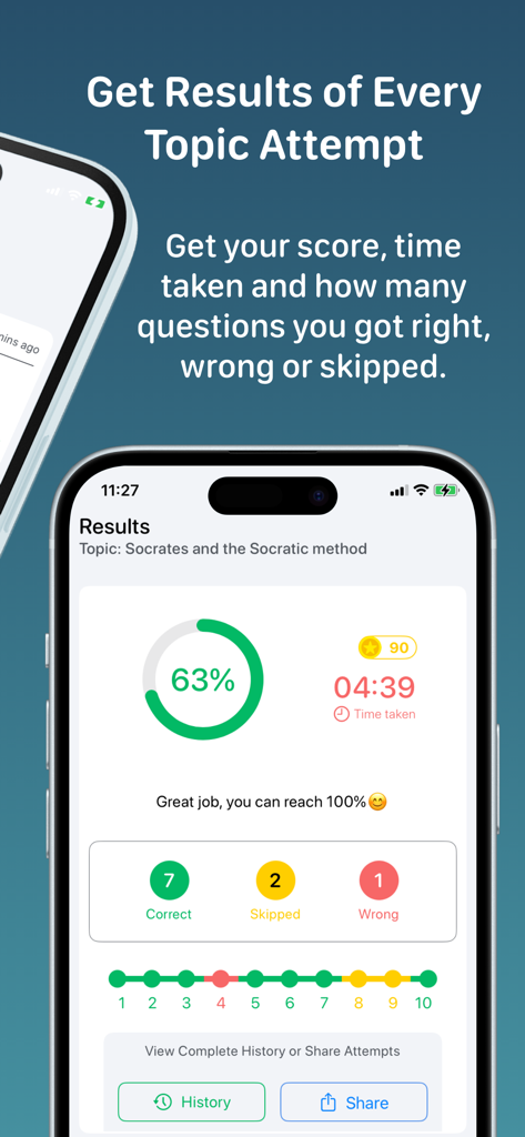 Philosophy+ - Philosophy+ app results screen showing a 63 percent quiz score for the Socrates topic with time taken and answer breakdown