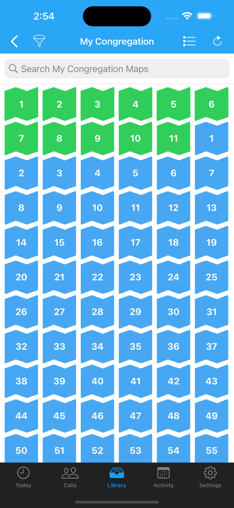 ServicePlanner - Grid of numbered green and blue territory maps in the ServicePlanner app library