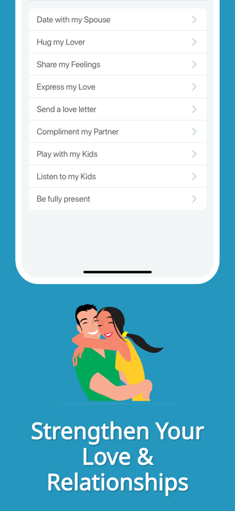 Success Life Coach Day Planner - Écran de l'application Success Life Coach affichant des objectifs relationnels et familiaux comme sortir avec un conjoint et jouer avec des enfants