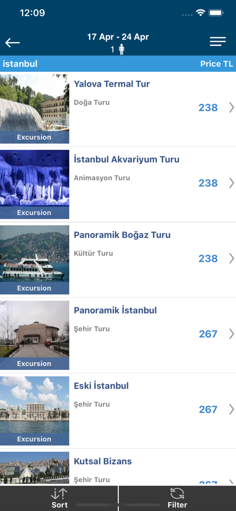 Aerobilet - Flights, Hotels - Aerobilet app screen showing a list of available travel excursions and tours in Istanbul with prices