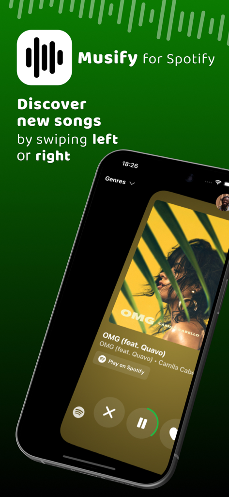 Musifyアプリのインターフェース。Spotifyの曲に対して、スワイプして「いいね」またはスキップする機能が表示された音楽発見カードを表示。