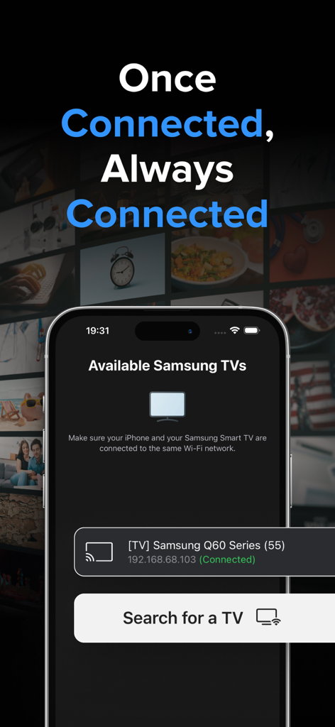 Control Samsung Smart TV - Aplicativo do iPhone exibindo Samsung Smart TVs disponíveis conectadas à mesma rede Wi-Fi.