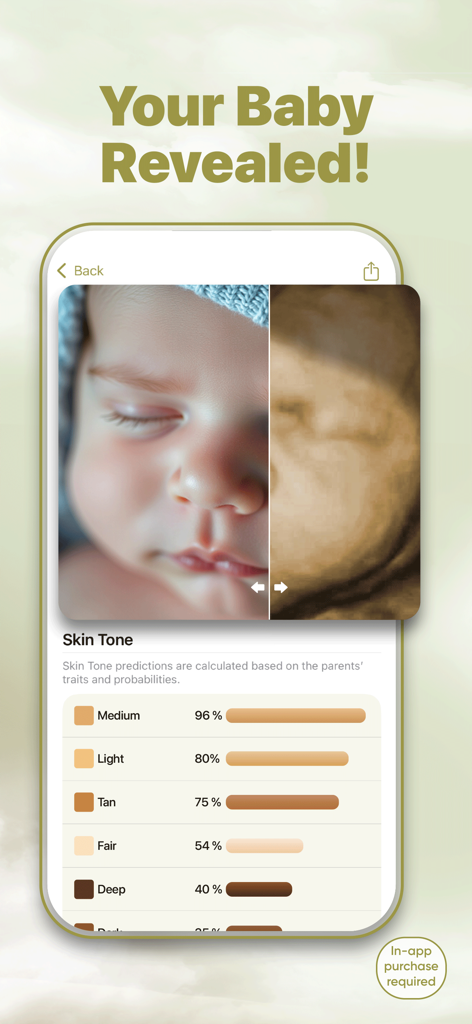Ultrasound to Photo AI - Interfaz de aplicación móvil que muestra una ecografía transformada en un rostro de bebé realista con predicciones de rasgos de tono de piel
