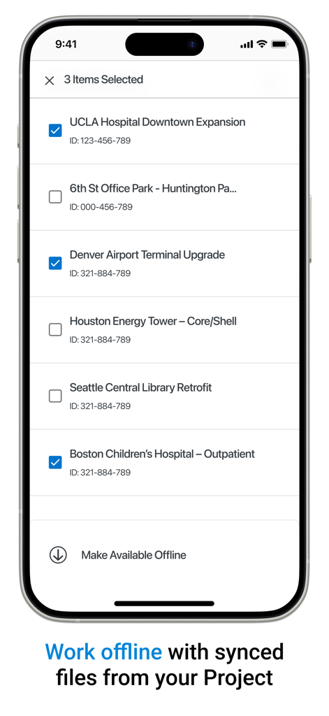 Interface do aplicativo Bluebeam Cloud mostrando uma lista de projetos de construção selecionados para serem disponibilizados offline